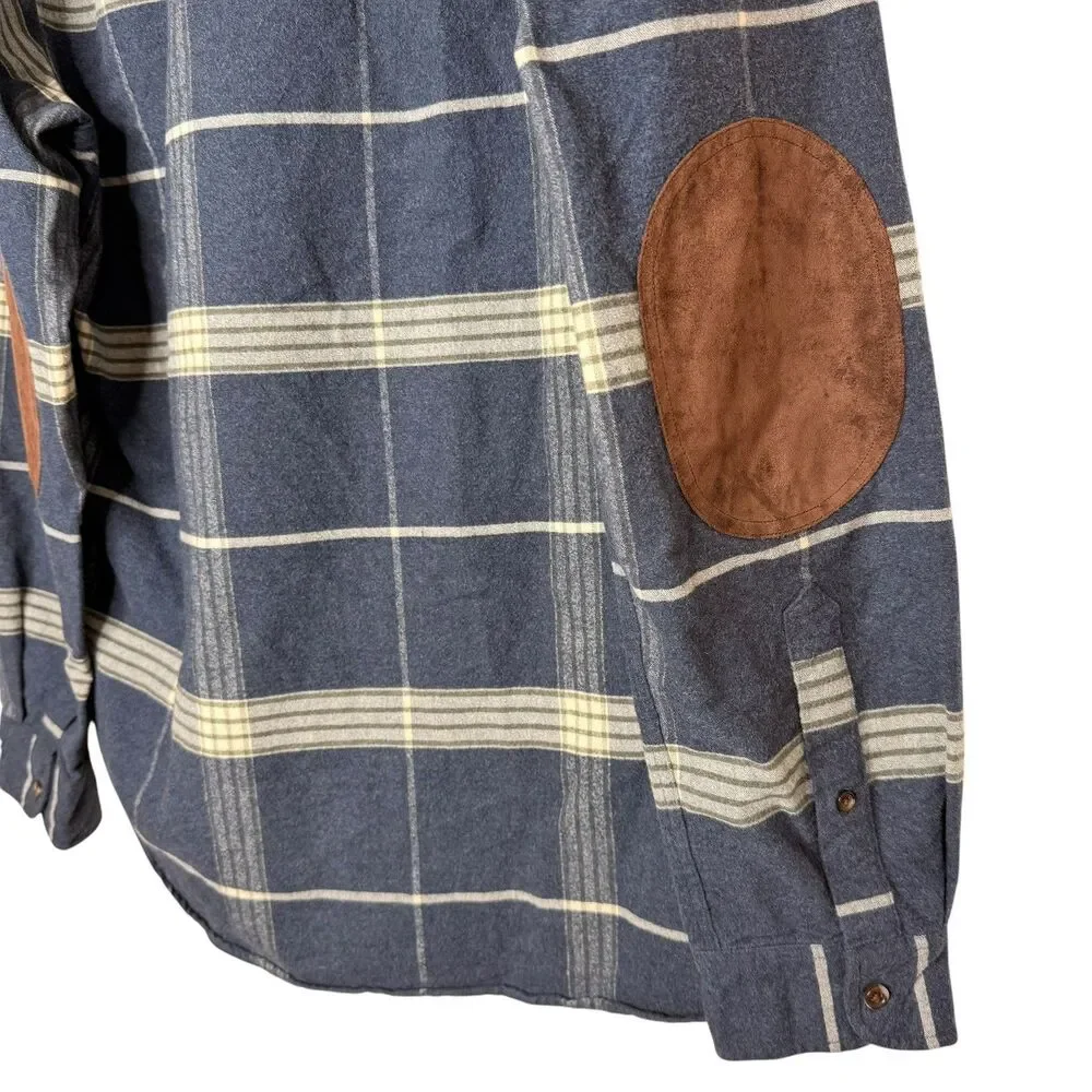 J. Crew Men’s Cotton Leather Flannel Plaid Shirt Size M Elbow Patches Blue